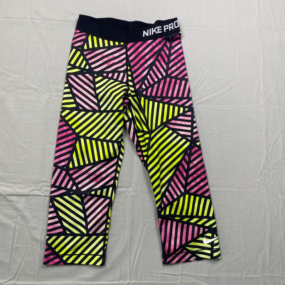 Nike Pro Dri‎ Fit Womens Crop Leggings Neon Geometric Pink Yellow Compression